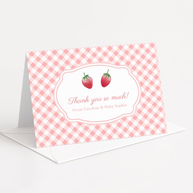 Carte De Remerciements Fraises Sucrées aux Fraises et Gingham Rose et Bla (Berry Sweet watercolor strawberries & pink gingham folding thank you card for baby or bridal shower)