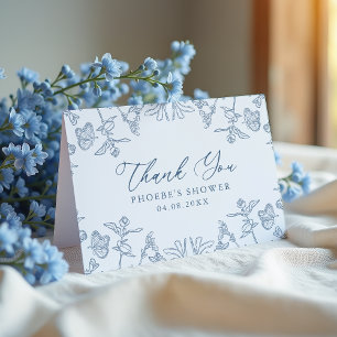 Carte De Remerciements Français Blue Chinoiserie Floral Douche pliée