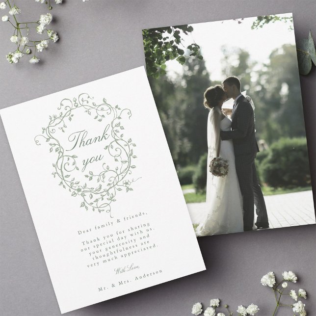 Carte De Remerciements Français Floral Sage Green Crest Photo Mariage (Front & Back)