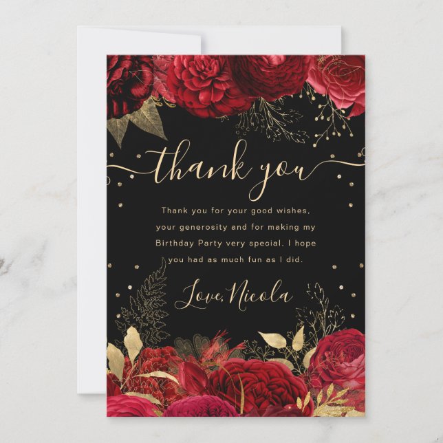 Carte De Remerciements Frontière Rose rouge et or Floral Anniversaire (Devant)
