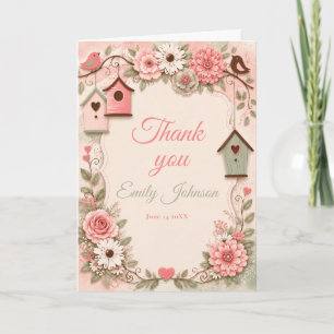 Carte De Remerciements Fuchsia et Vert Sauge Fleurs et Oiseaux pour une F
