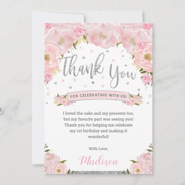 Carte De Remerciements Fuchsia Floral Argent Fête d'Anniversaire Baby Sho (Devant)