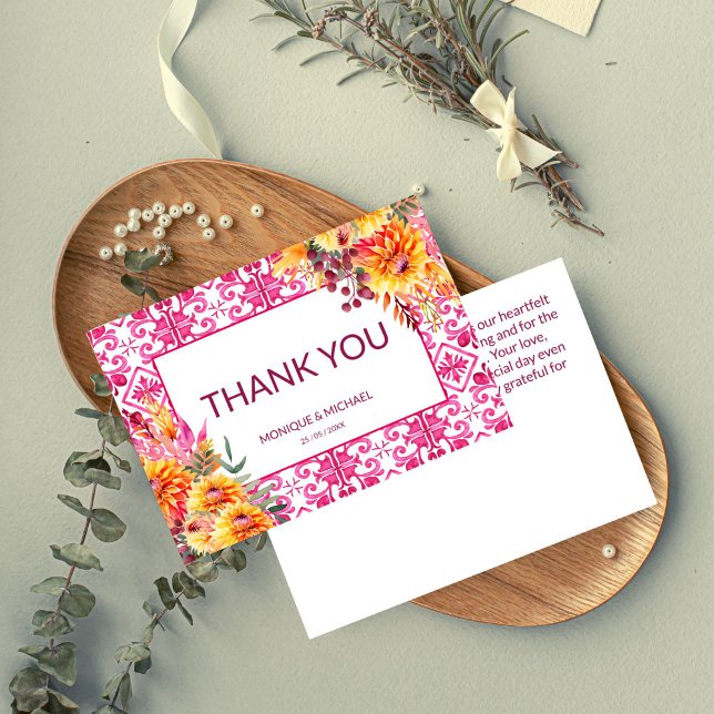 Carte De Remerciements Fuchsia Majolica carreaux orange dahlias (Fuchsia Majolica tiles orange dahlias Thank You Card wedding thank you bridal shower thank you cards)