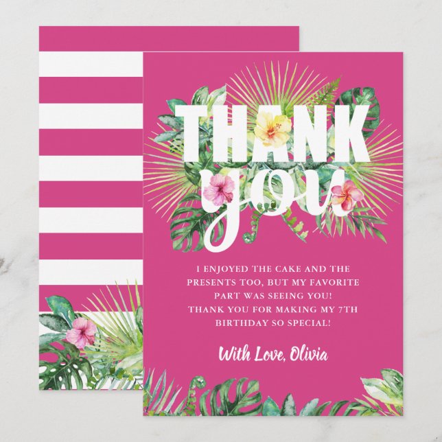 Carte De Remerciements Fuchsia Pink Tropical Green Anniversaire Floral (Devant / Derrière)