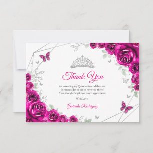 Carte De Remerciements Fuchsia Rose Argent Floral Quinceanera