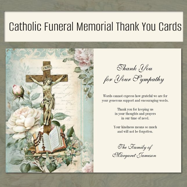 Carte De Remerciements Funérailles Catholique Jésus Rose Condolence crois (Traditional Catholic Funeral Memorial Prayer Cards)