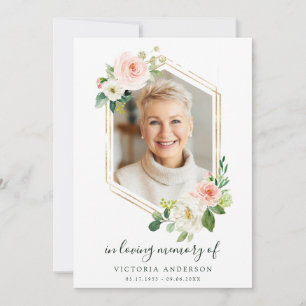 Carte De Remerciements Funérailles d'Hexagon d'or à fleurs blanches