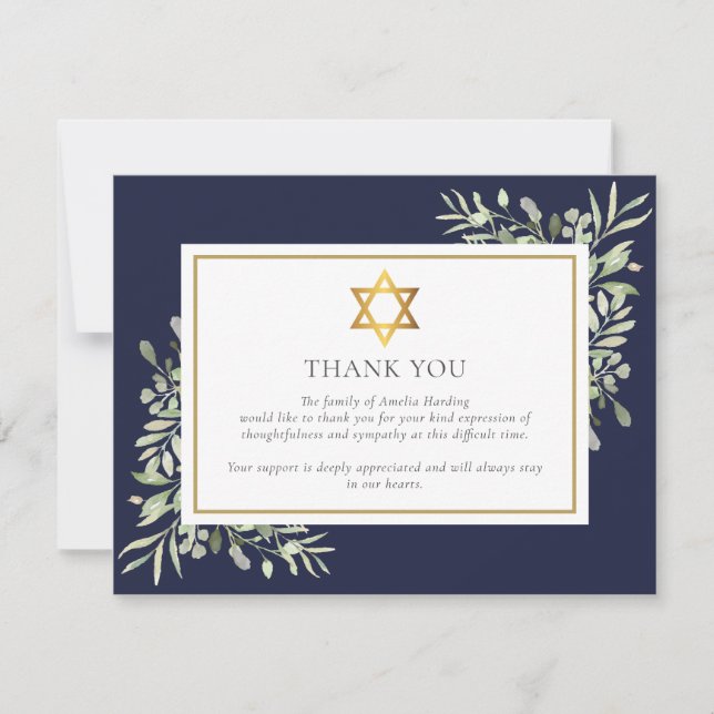 Carte De Remerciements Funérailles Juives Foliage Or Star Of David Photo (Devant)