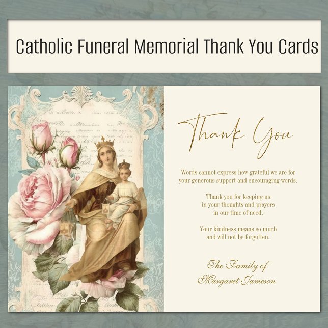 Carte De Remerciements Funérailles Mémorial catholique Mont Carmel Roses (Traditional Catholic Our Lady of Mount Carmel with roses funeral memorial thank you cards)