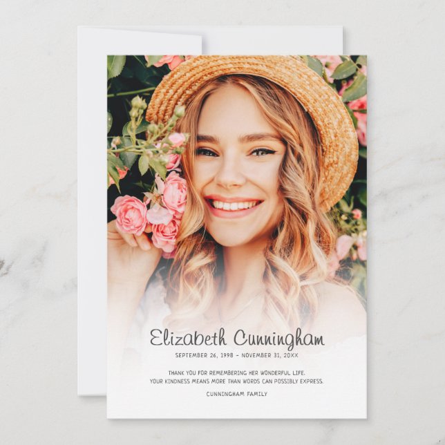 Carte De Remerciements Funérailles Mémorial Photo Simple Cursive (Devant)