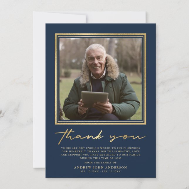 Carte De Remerciements Funérailles photo simple Navy & Gold Calligraphy (Devant)