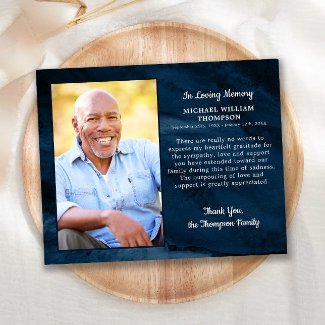 Carte de remerciements funéraire bleu Marbre Sympa (Créateur téléchargé)