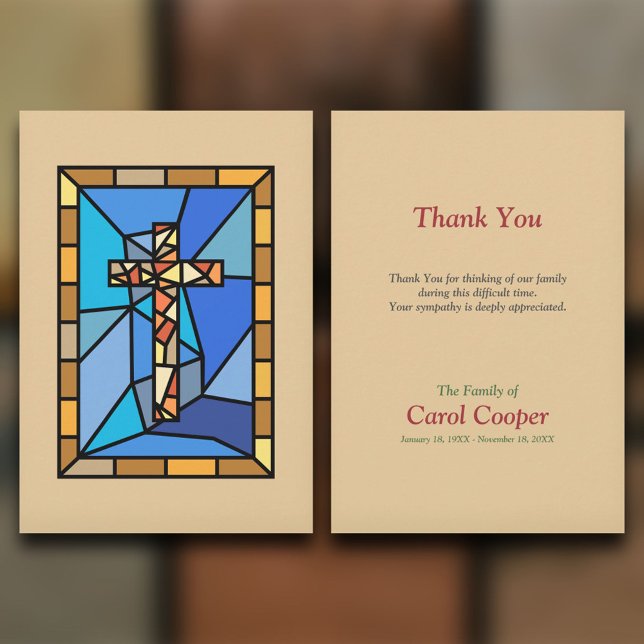 Carte de remerciements funéraire de Croix de Verre (Stained Glass Cross Funeral Thank You Card)