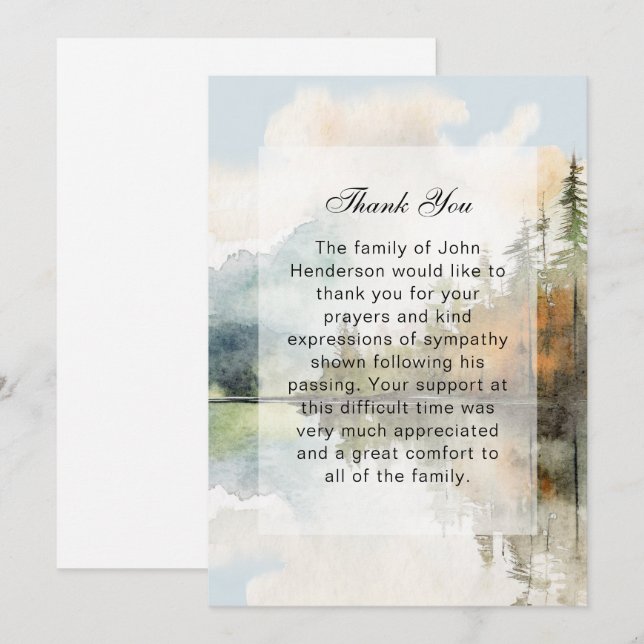 Carte de remerciements funéraire de Rustic Lake (Devant / Derrière)