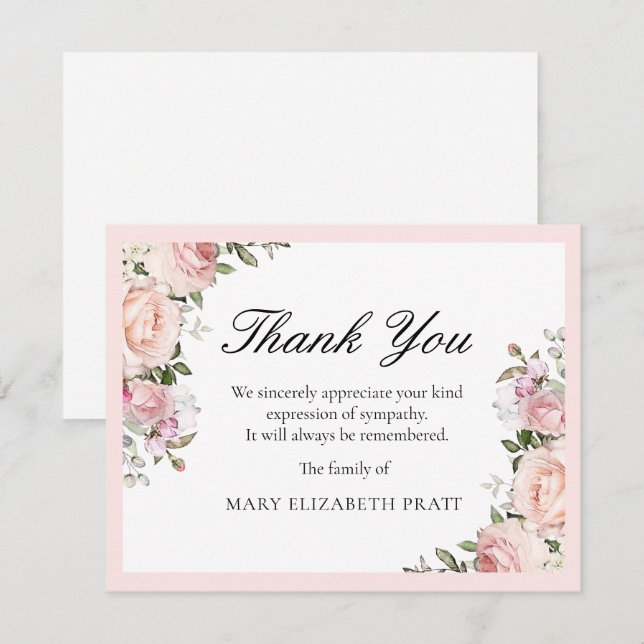 Carte de remerciements funéraire floral rose rusti (Devant / Derrière)