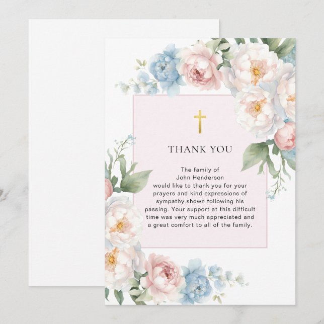 Carte de remerciements funéraire religieux rose fl (Devant / Derrière)