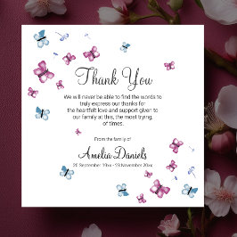 Carte de remerciements funéraire rose Bleu papillo