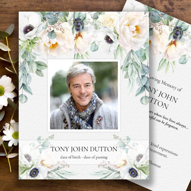 Carte de remerciements funéraire Roses blanches Eu (Eucalyptus and White Roses Sympathy Bereavement Memorial Funeral Thank You Card)