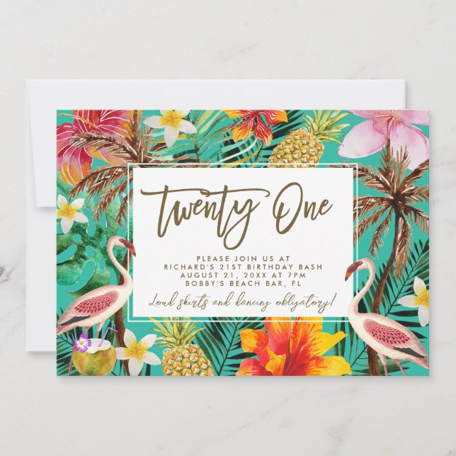 Carte De Remerciements funky flamingo tropical 21e anniversaire invitatio (Devant)