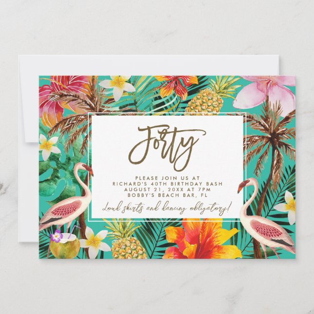 Carte De Remerciements funky flamingo tropical 40e anniversaire invitatio (Devant)