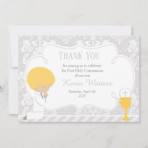 Carte De Remerciements Garçon blond Première Communion Damassé