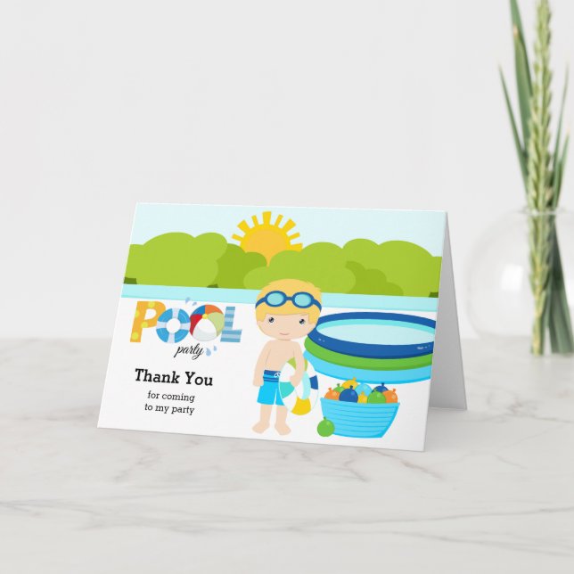 Carte De Remerciements Garçon de fête au bord de la piscine (Devant)