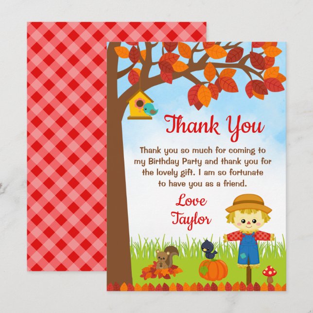 Carte De Remerciements Garçon Épouvantail Anniversaire d'Automne (Devant / Derrière)