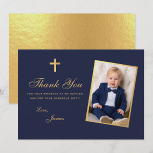 Carte De Remerciements Garçon Photo Baptême Faux Papier Doré Écriture Ble