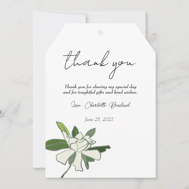 Carte De Remerciements Gardenia Florale Blanche Simple Fête des mariées J (Devant)