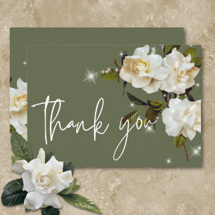 Carte De Remerciements Gardenias blanches modernes sur Sage Sparkle Maria