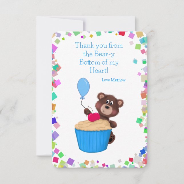 Carte De Remerciements Gâteau d'anniversaire Cupcake Bleu Ourson Chéri (Devant)