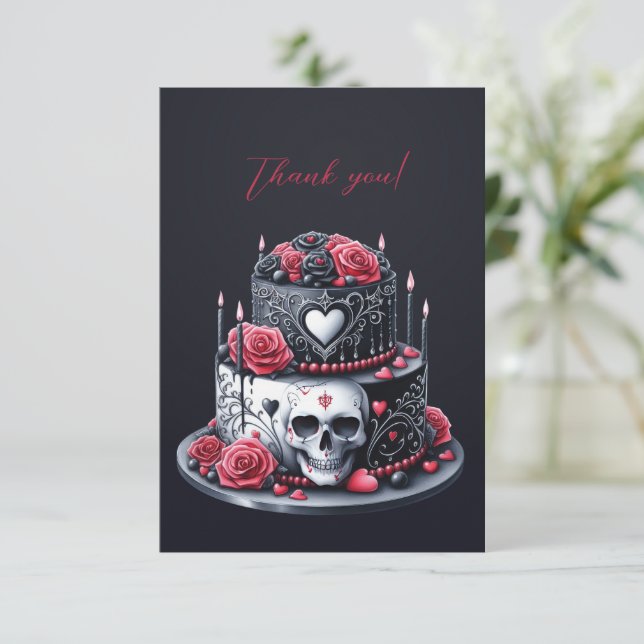 Carte De Remerciements Gâteau Mariage noir gothique Fleurs crânes (Debout devant)