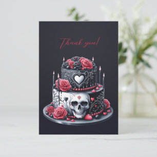 Carte De Remerciements Gâteau Mariage noir gothique Fleurs crânes