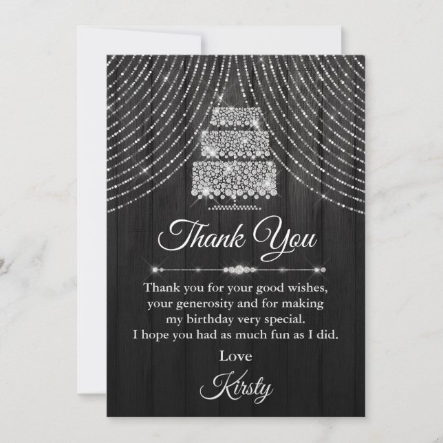 Carte De Remerciements Gâteau noir diamant argent fête d'anniversaire (Devant)