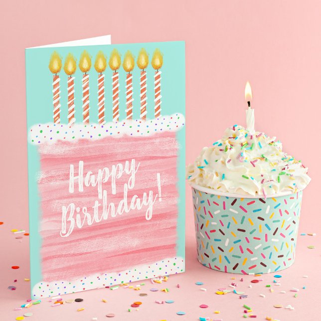 Carte De Remerciements Gâteau rose et bougies d'anniversaire heureux (Créateur téléchargé)