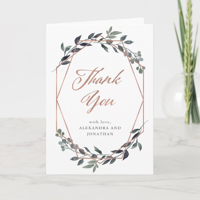 Carte De Remerciements Geo vert | Mariage or Rose (Devant)