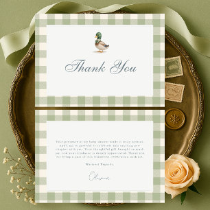 Carte De Remerciements Gingham Vert Sauge Canard Collet Baby Shower