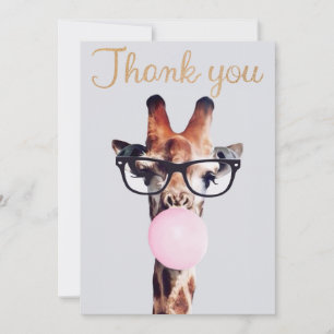 Carte De Remerciements Girafe portant des lunettes soufflant un bubble gu
