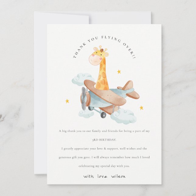 Carte De Remerciements Giraffe de l'avion jaune mignon Étoiles Nuage Anni (Devant)
