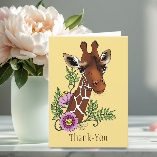 Carte De Remerciements Giraffe Fleurs de Portrait Jaunes (Créateur téléchargé)