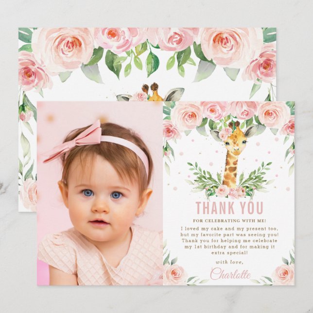 Carte De Remerciements Giraffe Jungle Blush Floral 1er anniversaire Photo (Devant / Derrière)