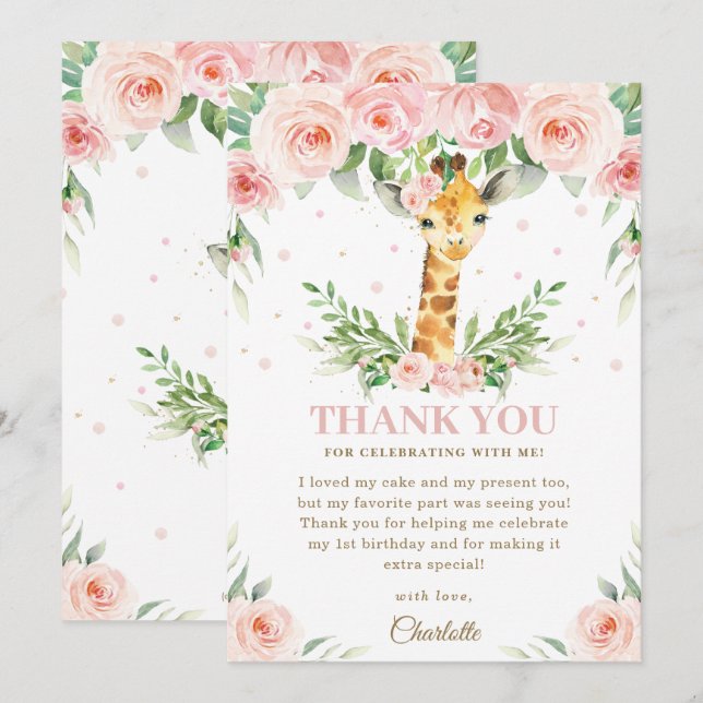 Carte De Remerciements Giraffe Jungle Safari rose Blush Floral Anniversai (Devant / Derrière)