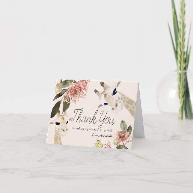 Carte De Remerciements Giraffe Rose Floral Girl 1er anniversaire (Devant)