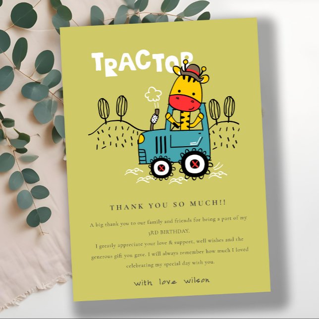 Carte De Remerciements Giraffe Verte Lumineuse Dans Ferme Tracteur Garçon (Créateur téléchargé)
