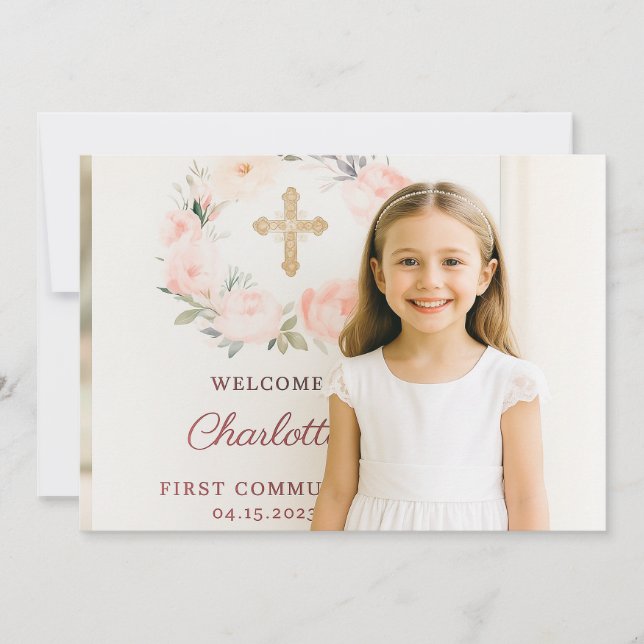 Carte De Remerciements Girl photo pink bow cross First Communion  (Devant)