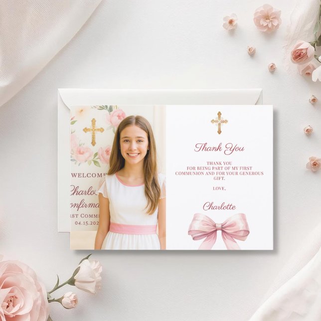 Carte De Remerciements Girl photo pink bow First Holy Communion (Créateur téléchargé)
