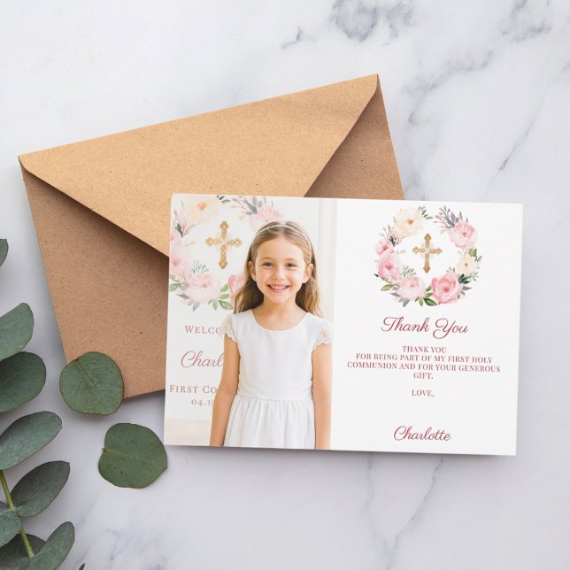 Carte De Remerciements Girl photo pink florals cross First Communion  (Créateur téléchargé)