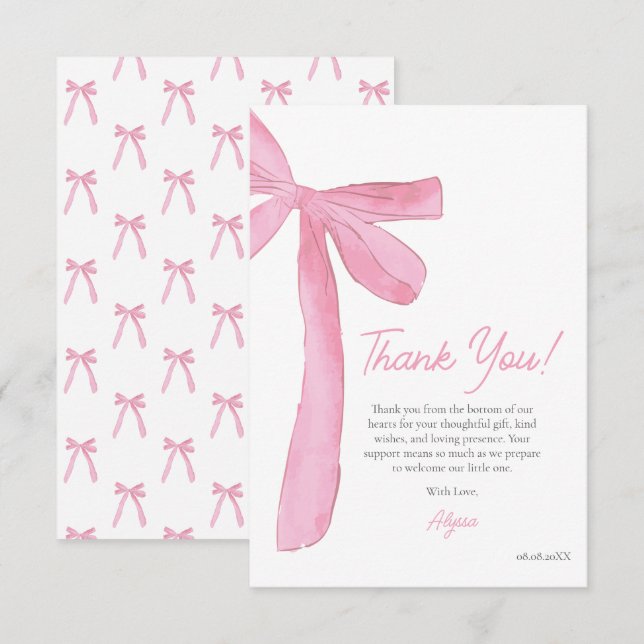 Carte De Remerciements Girly Pink Bow Hand drawn Coquette baby shower  (Devant / Derrière)