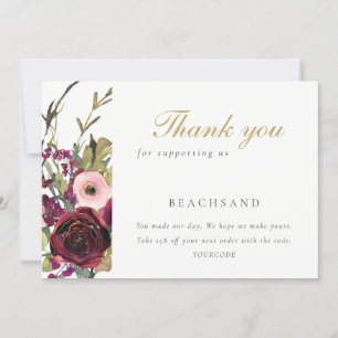 Carte De Remerciements Glam Gold Blush Bourgogne Rose Floral Business
