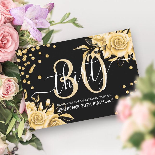 Carte De Remerciements Glam Gold Floral Parties scintillant 30e anniversa (Glam Gold Floral Glitter 30th Birthday Black Thank You Card)